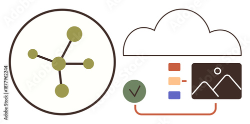 Data storage, cloud computing, technology integration, digital collaboration, online security, digital workflow. Network icon with connecting nodes and a cloud storing data images. Data storage