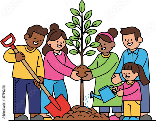 Diverse group of people planting a tree together, symbolizing community and environmental care.