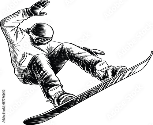 Action shot of snowboarder performing jump trick, winter sports athlete in motion vector sketch illustration