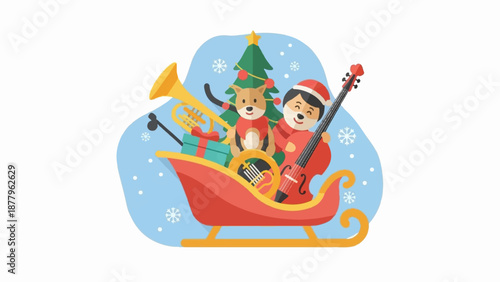 Festive sleigh carries musical instruments, a dog, and Santa