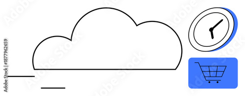 Ecommerce, time management, cloud computing, online shopping, digital technology, productivity. Cloud outline, clock shopping cart. Ecommerce and time management concepts