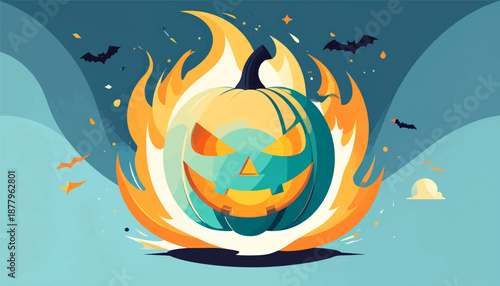Fierce jack-o'-lantern engulfed in vibrant flames, bats soar against a twilight sky