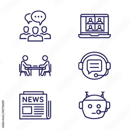 A collection of simple line icons representing communication and news