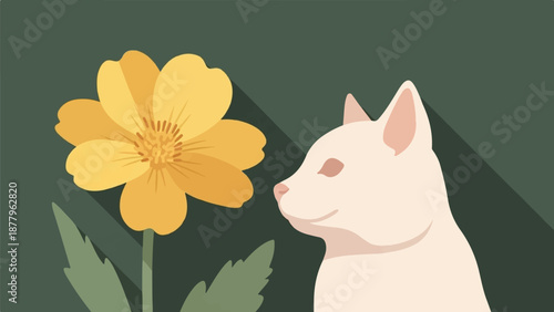 Gentle white cat curiously sniffs a vibrant yellow flower on a dark green background