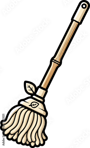 Eco friendly mop with bamboo handle and leaf design.