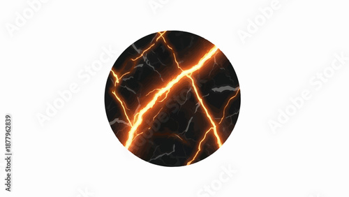 Fiery cracks streak across dark volcanic terrain within a circular frame