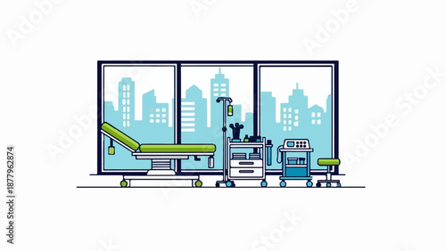 Medical clinic room with examination table, IV pole, equipment cart, and stool overlooking city skyline