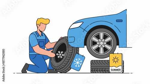 Mechanic changing tires on a blue car, with seasonal tire labels