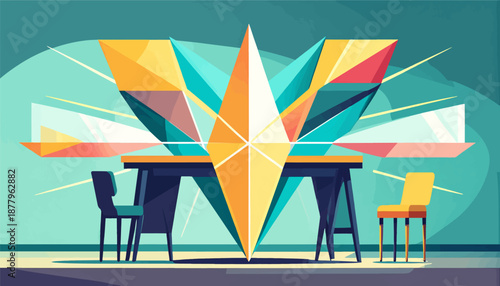 Geometric abstraction with desks and chairs under a crystal-like structure