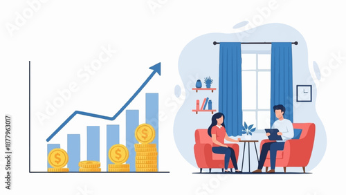 Financial growth chart with people consulting in a room