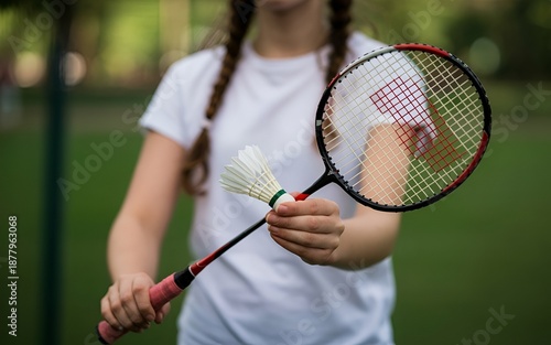 Chinese Girl Holding Badminton Racket and Shuttlecock Isolated on Background