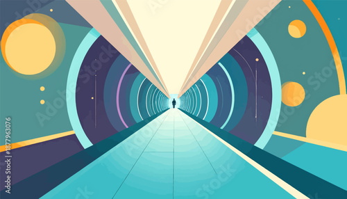 Geometric tunnel with a lone figure at the vanishing point, abstract shapes, and bright colors