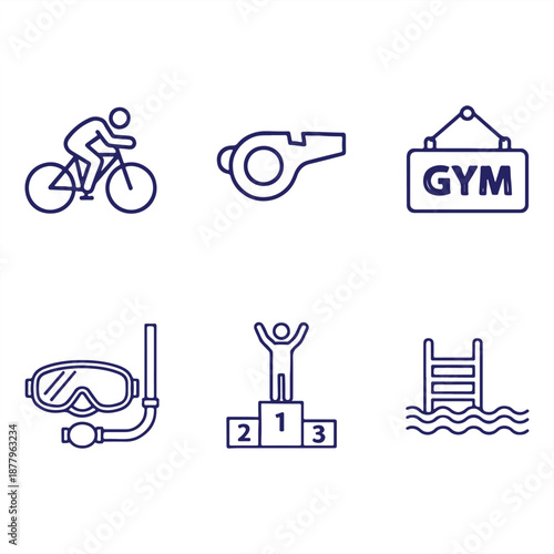 A collection of sports icons including a cyclist, whistle, gym sign, snorkeling gear, podium, and diving board