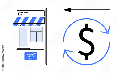 E-commerce concept. E-commerce ed by an online storefront with a shopping cart and a dollar symbol indicating revenue cycle. E-commerce for retail, fintech, online businesses, small enterprises