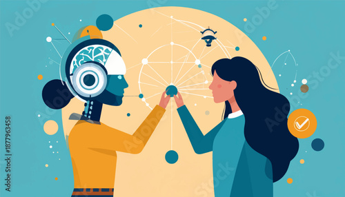 Human and robot connect via digital network, symbolizing collaboration and progress