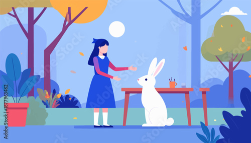 Girl in blue dress interacts with white rabbit in a stylized park setting