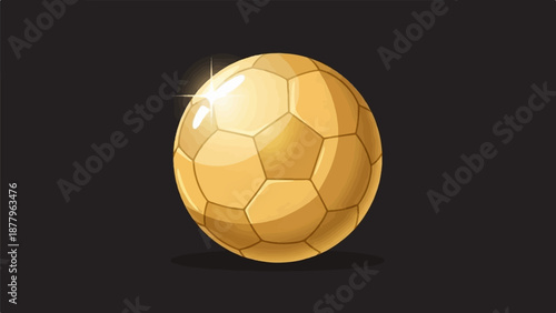 Gleaming golden soccer ball with pentagonal and hexagonal panels against a dark background