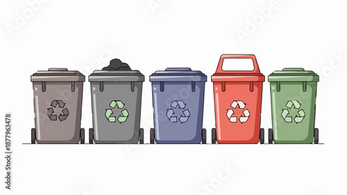 Five colorful recycling bins stand in a row on a white background