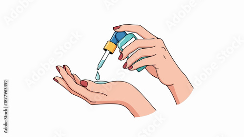 Hands applying serum from a dropper bottle, a drop falling into the palm of the other hand