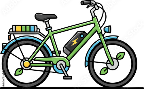 Green electric bicycle with battery and leaf details.