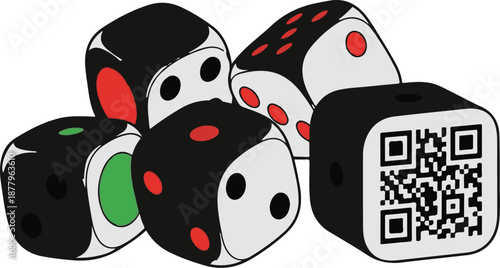Five stylized dice, one with a QR code, featuring black, white, red, and green elements