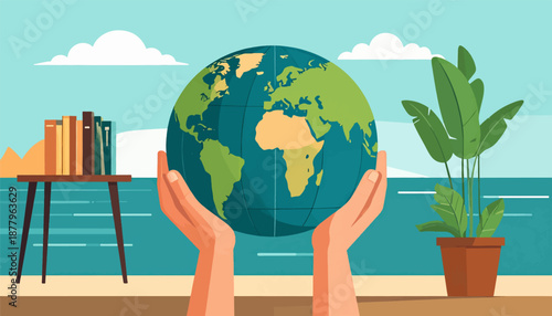 Hands cradle a globe against a backdrop of books and tropical flora