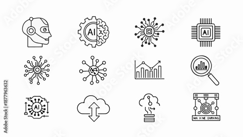 Icons representing artificial intelligence concepts robot head, gear brain, circuits, CPU, data analysis, and cloud