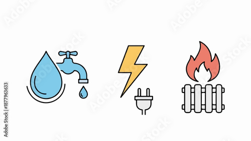 Icons representing water, electricity, and heat