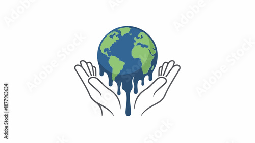 Hands cradle a melting planet, symbolizing environmental vulnerability and care