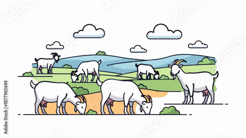 Goats grazing in a simplified pastoral landscape with rolling hills and fluffy clouds