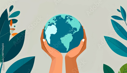 Hands cradle a stylized globe, surrounded by vibrant green and teal leaves on a neutral background