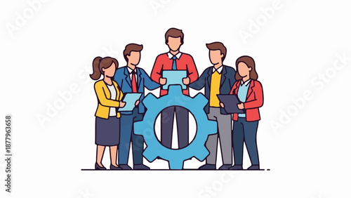 Five stylized people in business attire collaborate around a large blue gear, working together