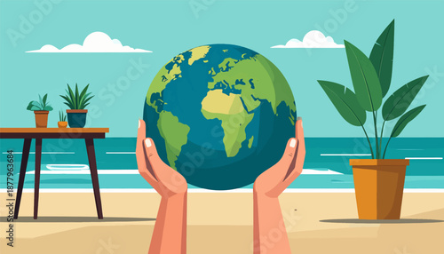 Hands cradle planet Earth on sandy beach with potted plants and ocean view