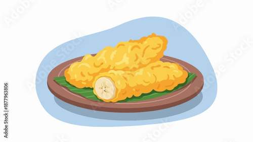 Golden fried bananas on a platter with banana leaves, a sweet snack