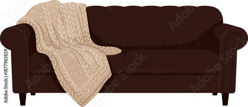 Cozy Brown Sofa with Knitted Beige Throw Blanket for Home Comfort Design wfh