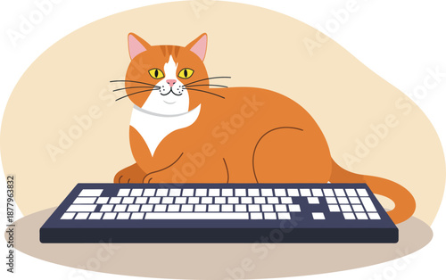 Funny Orange Cat Blocking Computer Keyboard for Work from Home Concept Illustration wfh