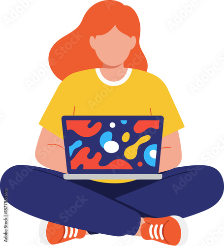 Young Woman Working Remotely on Laptop While Sitting Cross Legged on Floor wfh