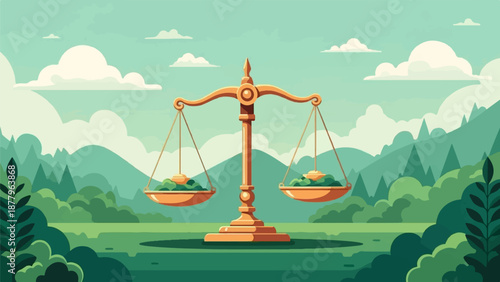 Golden scales balance green foliage amidst serene, layered mountains and cloudy sky