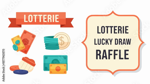 Flat design icons with "LOTTERIE", coins, tickets, and money