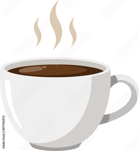 Hot Steaming Coffee in White Ceramic Mug Simple Vector Illustration for Cafe Menu or Morning Energy wfh