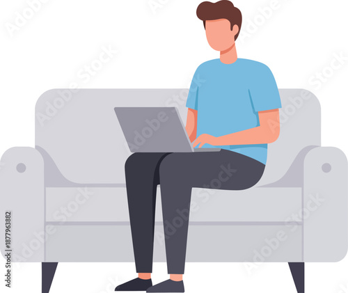 Man Working Remotely on Laptop While Sitting Comfortably on a Modern Sofa wfh