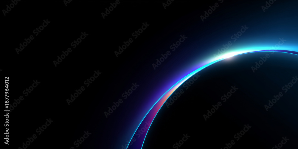 Obraz premium Abstract digital illustration of a glowing curved line with vibrant blue and purple hues on a black background, creating a futuristic and cosmic atmosphere