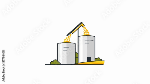 Grain is being transferred from a conveyor to two industrial silos on a white background