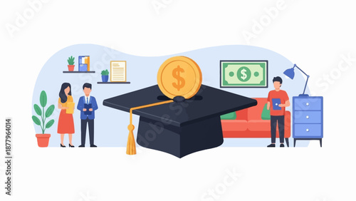 Graduation cap with coin and dollar bill, people in office/living room, furniture, plants, lamp