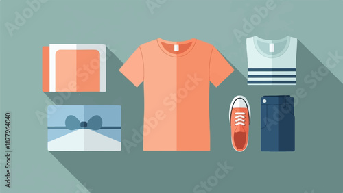 Flat design of an outfit and gift boxes on a muted background
