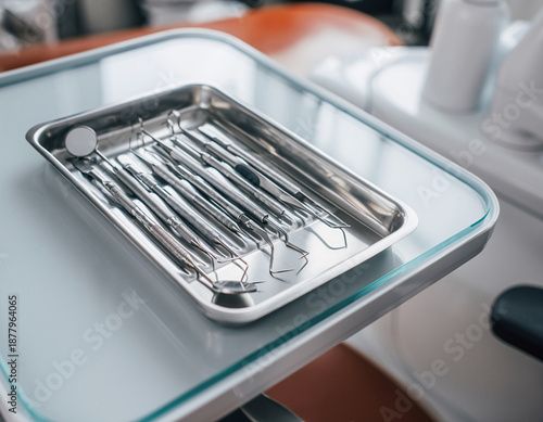 Dental tools on a tray in a modern clinic setting