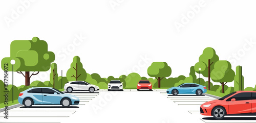Flat design parking lot scene with trees, lamps, and colorful cars parked in rows