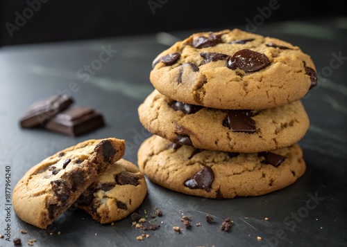 chocolate chip cookies on dark table