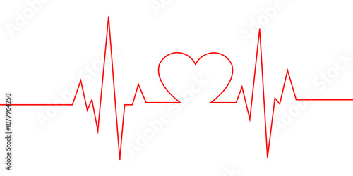 Creative Red Continuous Line Illustration of a Heart Rate Pulse and Heart Shape, Ideal for Healthcare Graphics, Romantic Greeting Cards, and Contemporary Professional Aesthetic Artworks