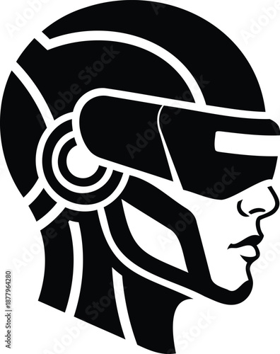 Profile Silhouette of a Futuristic Robot Head with VR Goggles Keywords: robot, android, cyborg, futuristic, science fiction, head, face, mask
